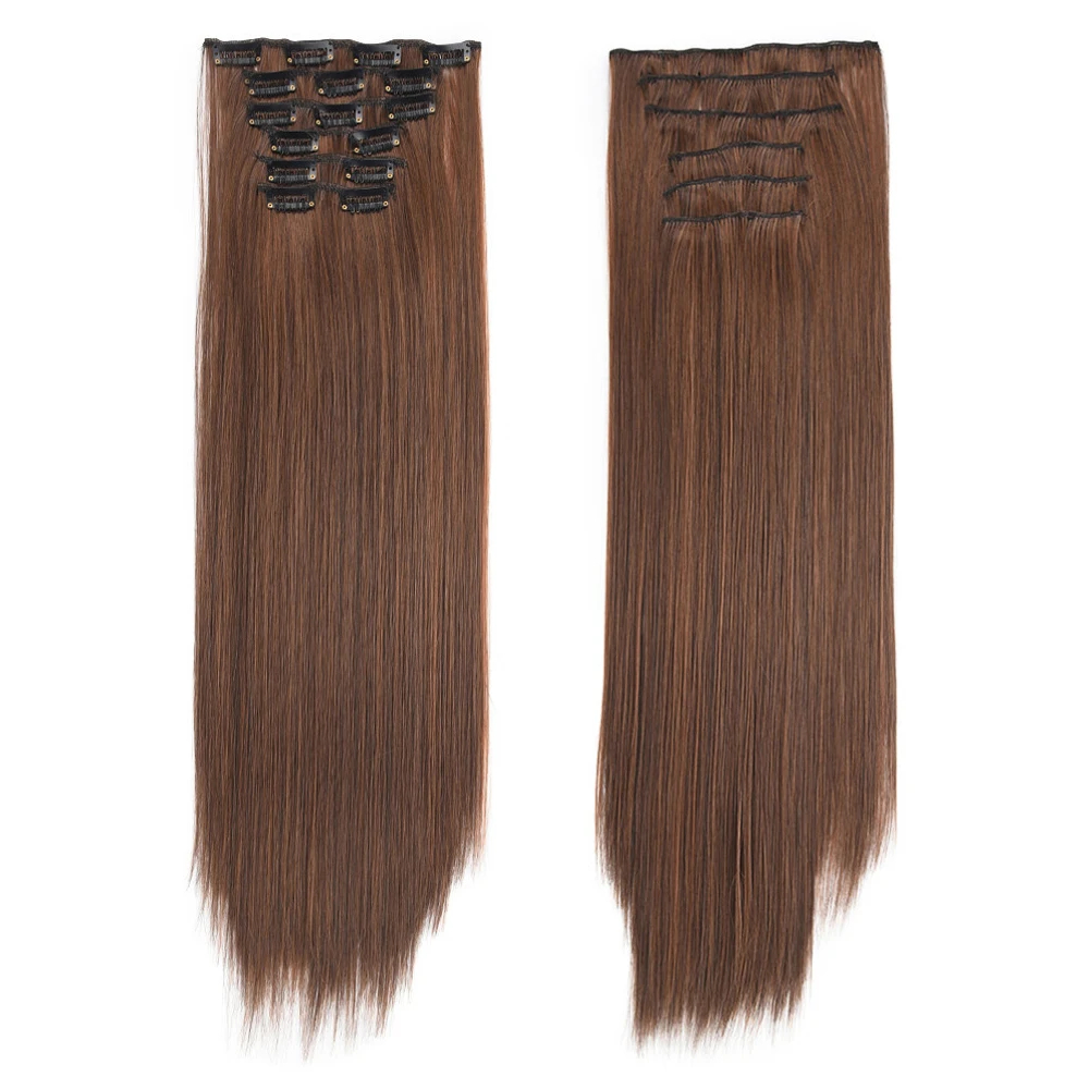Grampo em extensões de cabelo sintético 24 Polegada longo invisível natural em linha reta 6 pçs grosso sem costura clipe em extensões de cabelo para mulher: Rosa