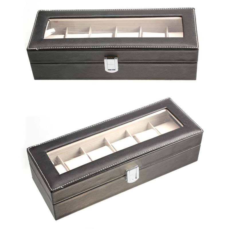 Caja de almacenamiento de cuero con 6 ranuras, organizador con ventana para relojes de pulsera LXH