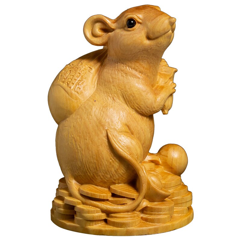 Buksbom statue rig rotte stjernetegn heldig feng shui stue dekorativ træ udskæring håndværk guld mus dyr skulptur hjem indretning