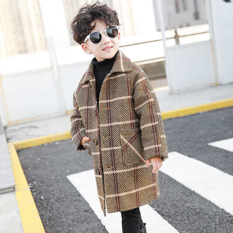 Abrigo de lana para niños, chaqueta gruesa a cuadros para otoño e invierno, abrigo largo de lana de un solo pecho