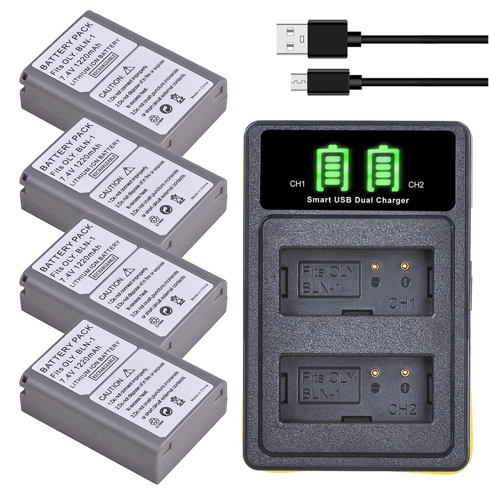 4Pcs BLN-1 PS BLN1 PS-BLN1 Batteries + Dual LED USB Charger for Olympus OM-D E-M1 E-M5 Mark II PEN-F E-P5 EM1 EM5 PENF EP5: 4B with charger