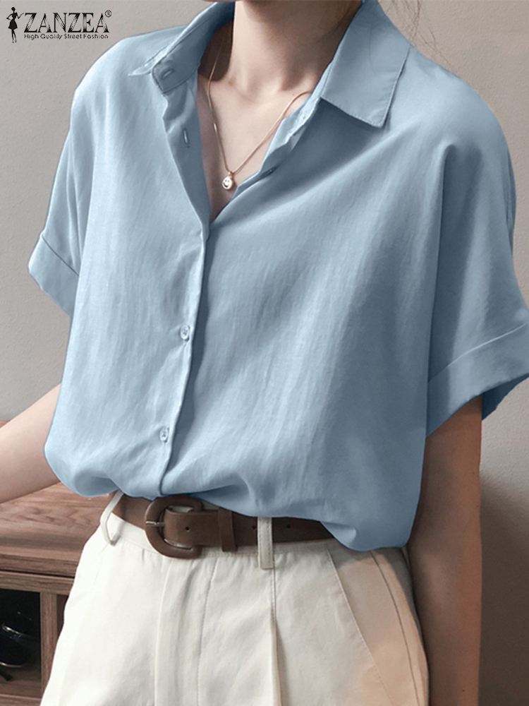 ZANZEA-camisas de gran tamaño para mujer, Tops lisos holgados a la , Blusa de manga corta, Blusas informales con botones lisos 2023