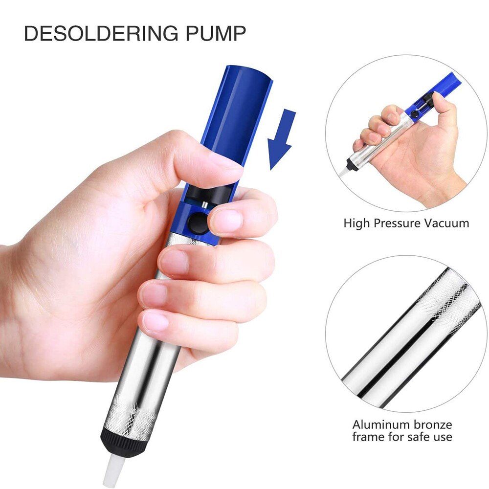 Desoldering Pump 7.5 inches 19cm Manual Vacuum Solder Sucker Removal Hand Tool Aluminum Plastic Silver Blue