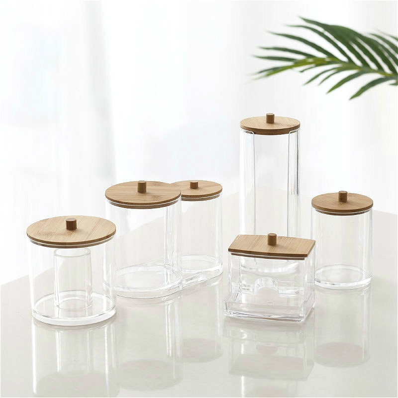 Acrílico redondo Qtip contenedor recipientes para especias tazón de algodón de maquillaje organizador para almohadilla de la joyería caja de almacenamiento de titular de caramelo tarros con tapa