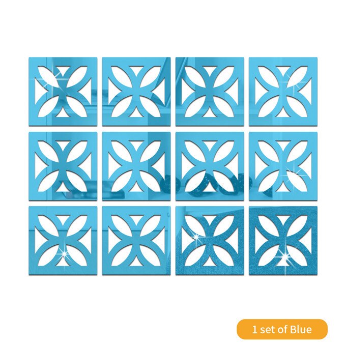 Pegatina de espejo de flores de cuatro hojas de hueco para sala de estar, papel tapiz de decoración de dormitorio, calcomanías de espejo acrílico para decoración del hogar, bricolaje: Blue