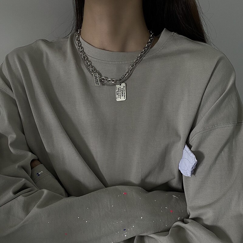 XUXI-collares de acero inoxidable para mujer, simples, letras, colgantes, Hip-hop, doble capa, clavícula, suéter, cadena, S037