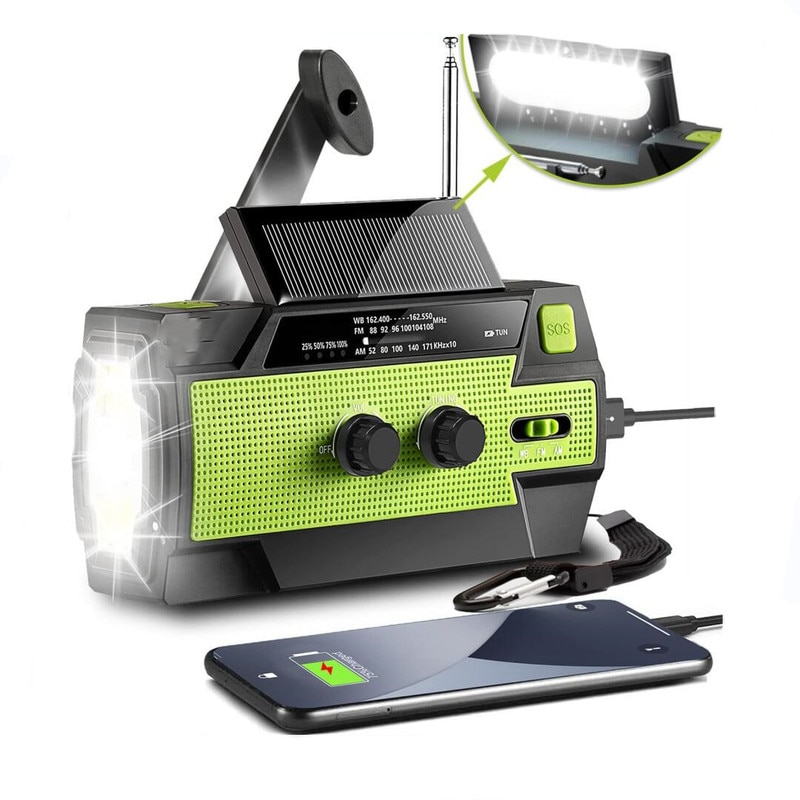 Multifunctional Radio Hand Crank Solar Crank Dynamo Powered AM/FM/WB Weather Radio with Led Lights 4000 MAh Power Bank SOS