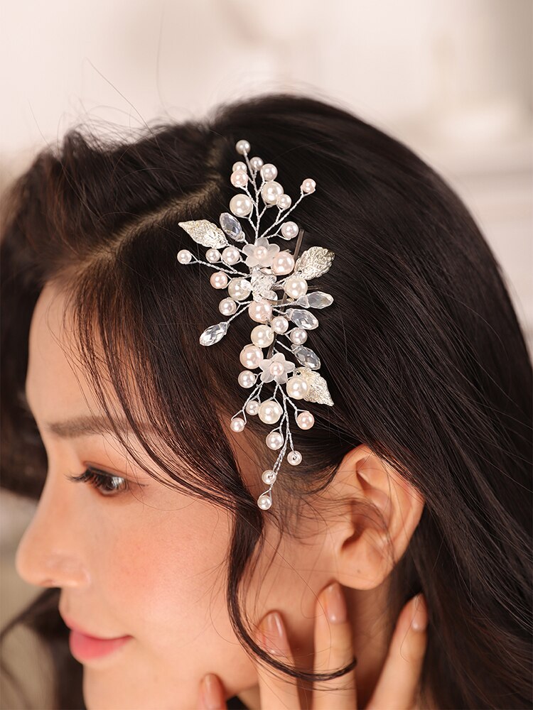 Hochzeit Zubehör Tiara Haar Stift Silber Perle Kristall Blätter Haar kamm Braut zu werden Kopfschmuck Frauen Braut haar schmuck