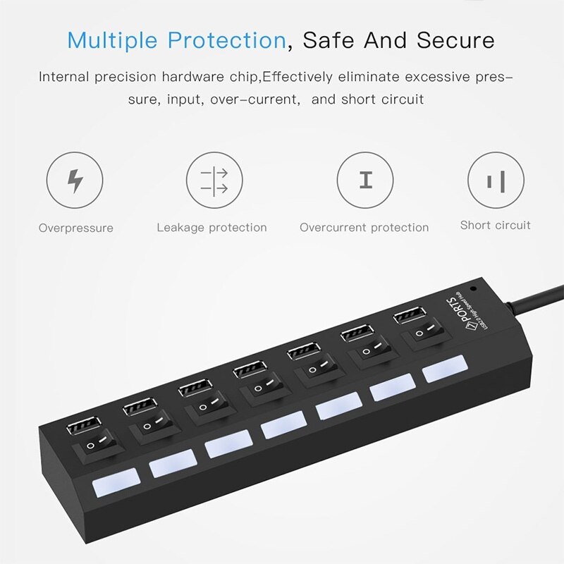 LED USB 2.0 Adapter Hub Multi-Port Socket Powered ON/OFF Switch Charger Splitter For Pc Laptop Computer U Disk Phone Tablet