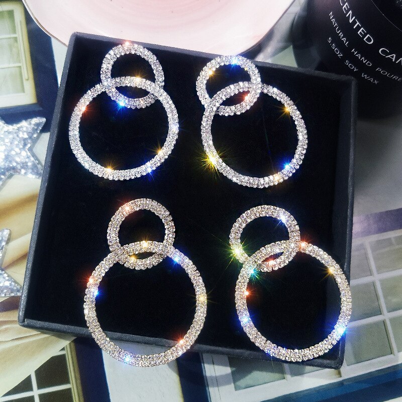 Annular Round Hoop Woman Earrings Double ring Rhinestone Office career Shining Korean Earrings Jewellery