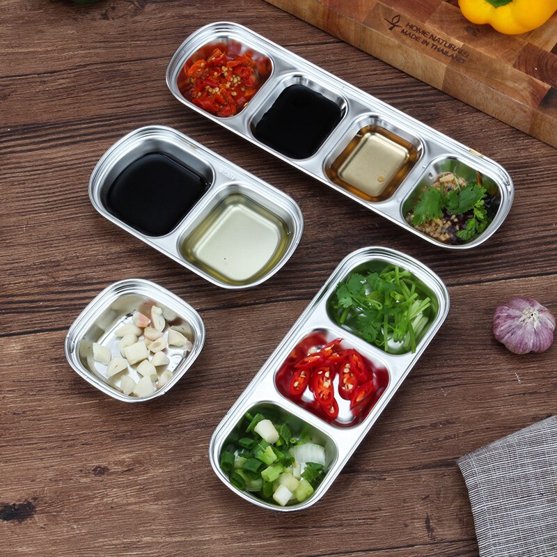 Plates Stainless Steel Assorted Salad Sauce Dipping Dish Tray Bowl Kitchen Tableware Specialty Plate 1/2/3 /4 Grids