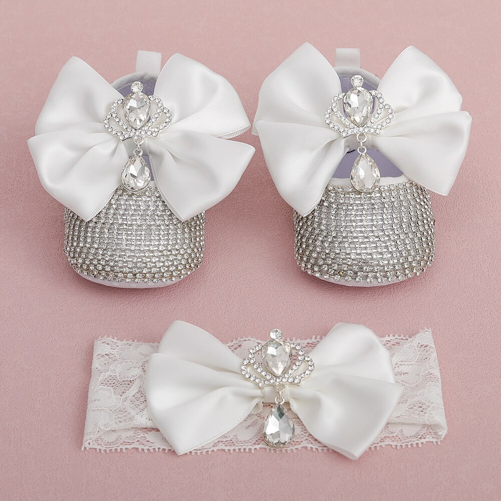 attache tetine pour bébés tétines et accessoires Dollbling – chaussures de luxe en strass pour bébé fille, ensemble de bandeau de premier marcheur, chaussures de princesse scintillantes, de fête prénatale SH: White01 UK Size-2