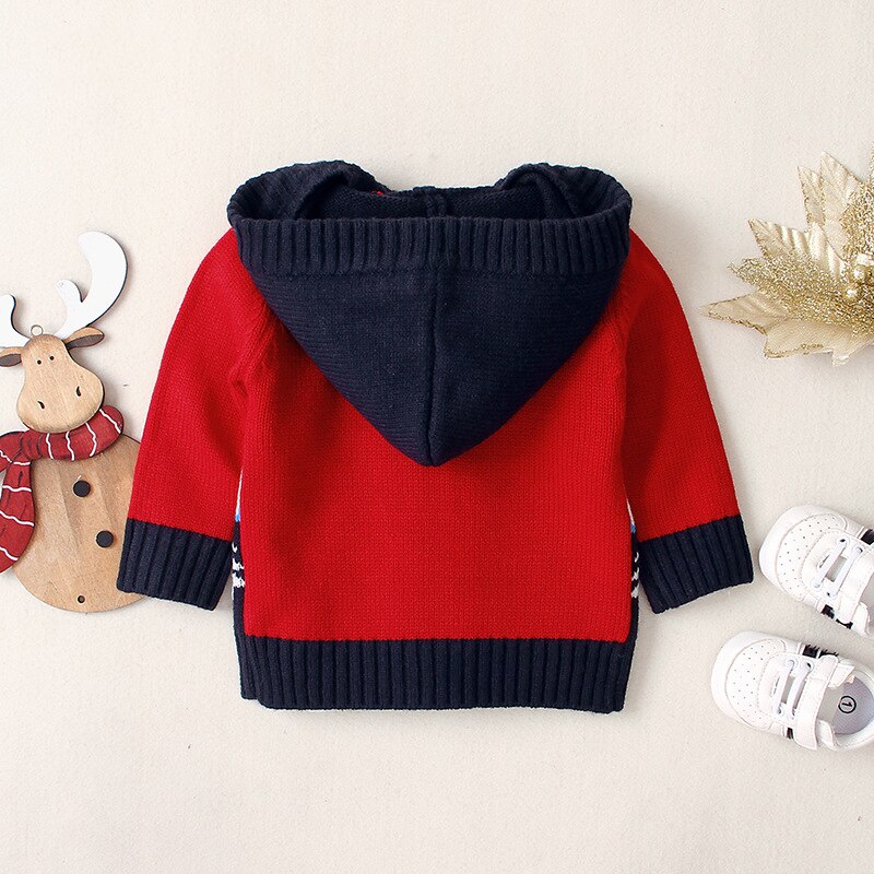 0-18M Christmas Baby Sweater Newborn Kid Boy Girl Knitted Cardigan Sweater Long Sleeve Hooded Winter Warm Top Xmas Cute Outfit