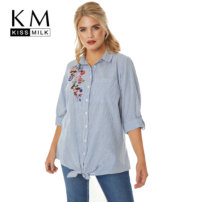 Kisleche, ropa de talla grande para mujer, camisa azul a rayas, bordado de flores, blusa protectora solar suelta de manga larga