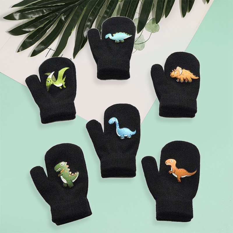 Cute Cartoon Dinosaur Pattern Gloves For Children Toddler Winter Warmth and Velvet Thick Knitted Gloves Kids Outdoor Mittens