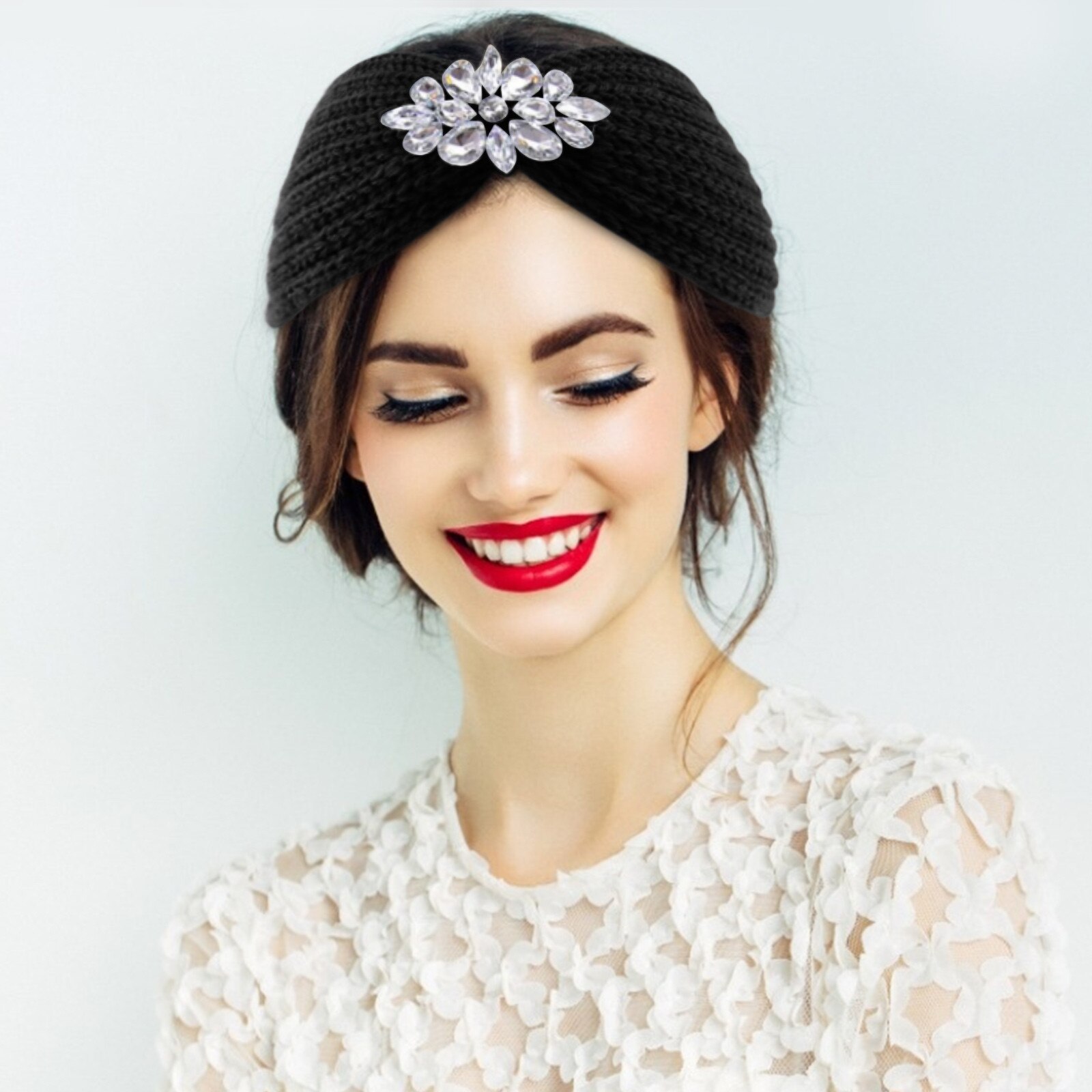 25 # turbante cinta ancha para el pelo para mujer, diadema tejida con diamantes de agua, envoltura para la cabeza de invierno, accesorios elásticos, tocados de Color sólido: B