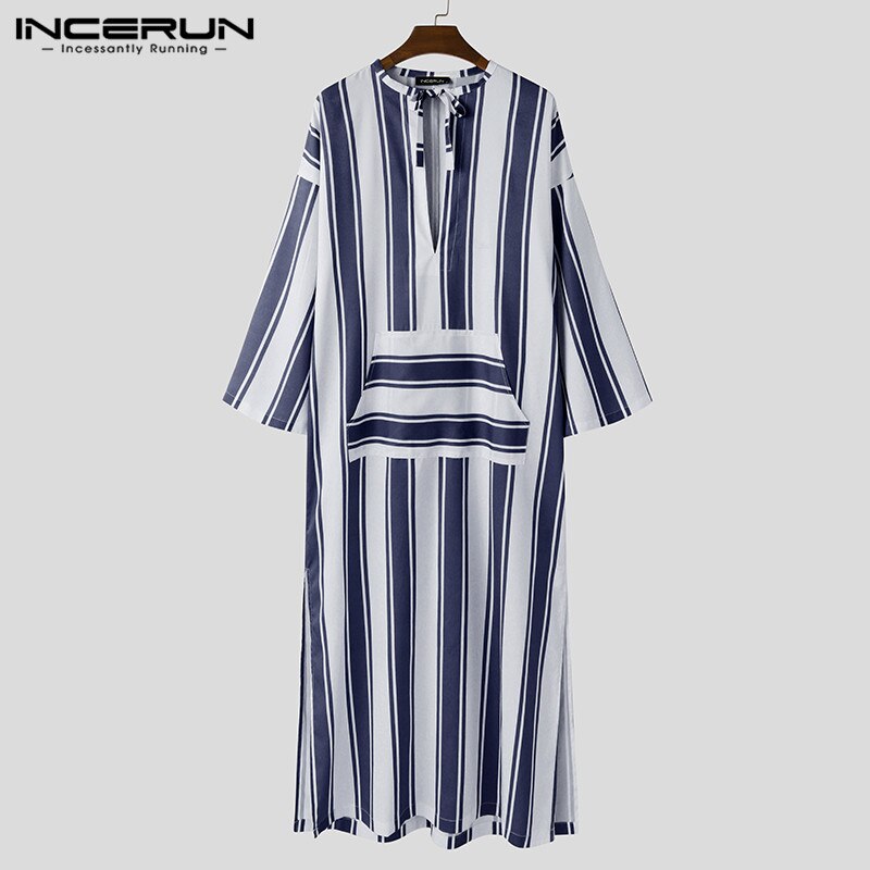 Incerun heren islamitische jubba thobe gestreepte vetersluiting losse lange mouwen gewaad zakken midden-oosten dubai kaftan heren islamitische arabische kaftan