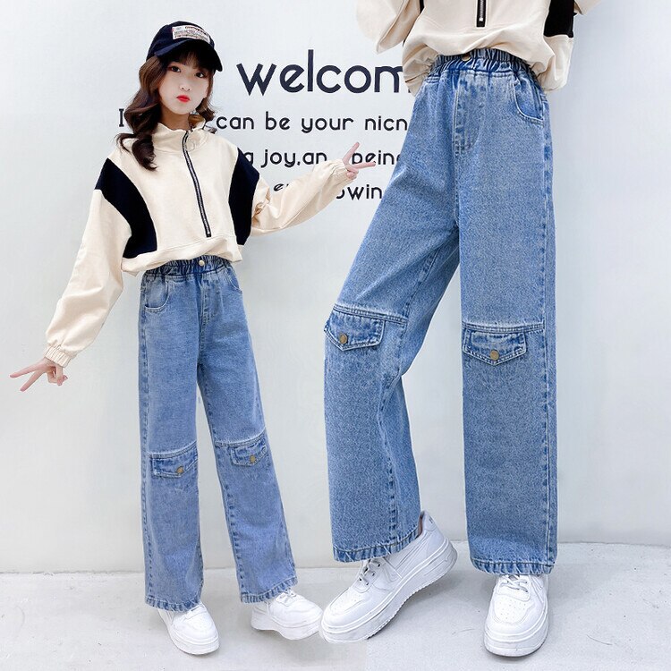 Pantalones vaqueros holgados de pierna ancha para Niña y Adolescente, ropa de Color sólido para niño de 5 a 14 años, novedad de 2022