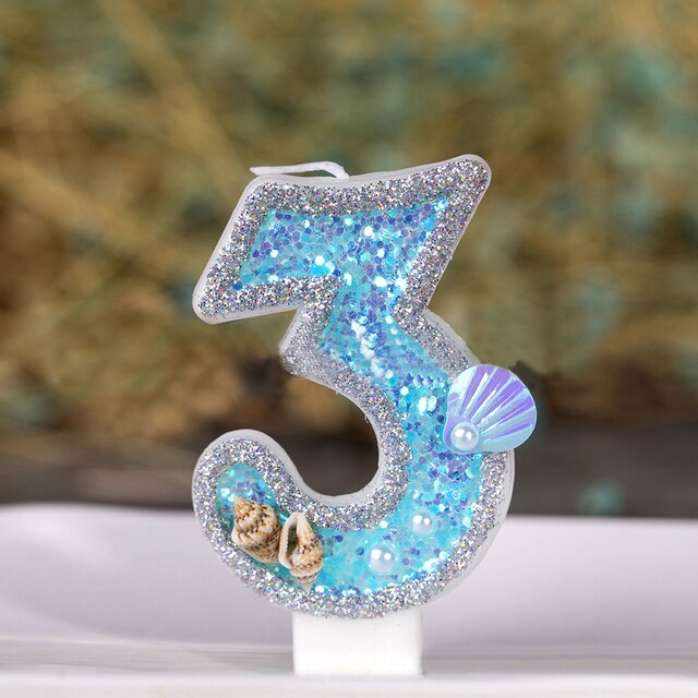 Blue Marine Pearl Shell Glitter Number Birthday Party Candles Cake Toppers Wedding Digital Cakes Dessert Decor Night Decoration: C