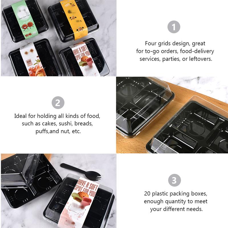 20Pcs Four Grid Packing Box Dessert Tray Disposable Takeout Container 12 x 12 x 4.5 cm