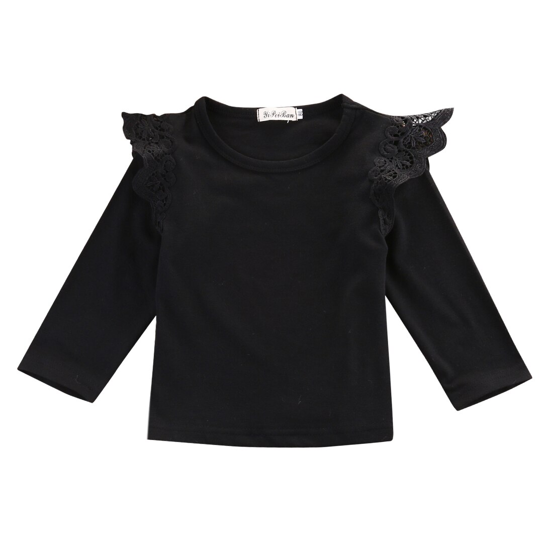 Herfst Pasgeboren Baby Meisjes Peuter Kinderkleding Katoen Kant Vliegende Lange Mouw T-shirts Tops Outfit Blouse: 4-6 Months / Black