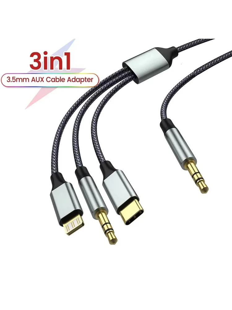 3- in -1- aux audio cable type c/lightning to 3,5- mm plug cable for car headphones, telephone, usb c, ios to 3,5 mm aux converter jack cable: Default Title