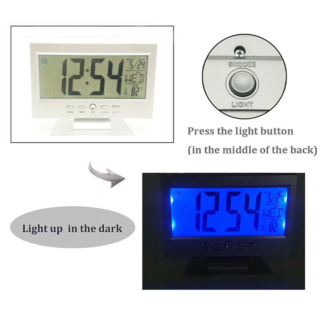Digital clock Thermometer student bedside alarm clock voice control sleepy back light electronic clock (black)