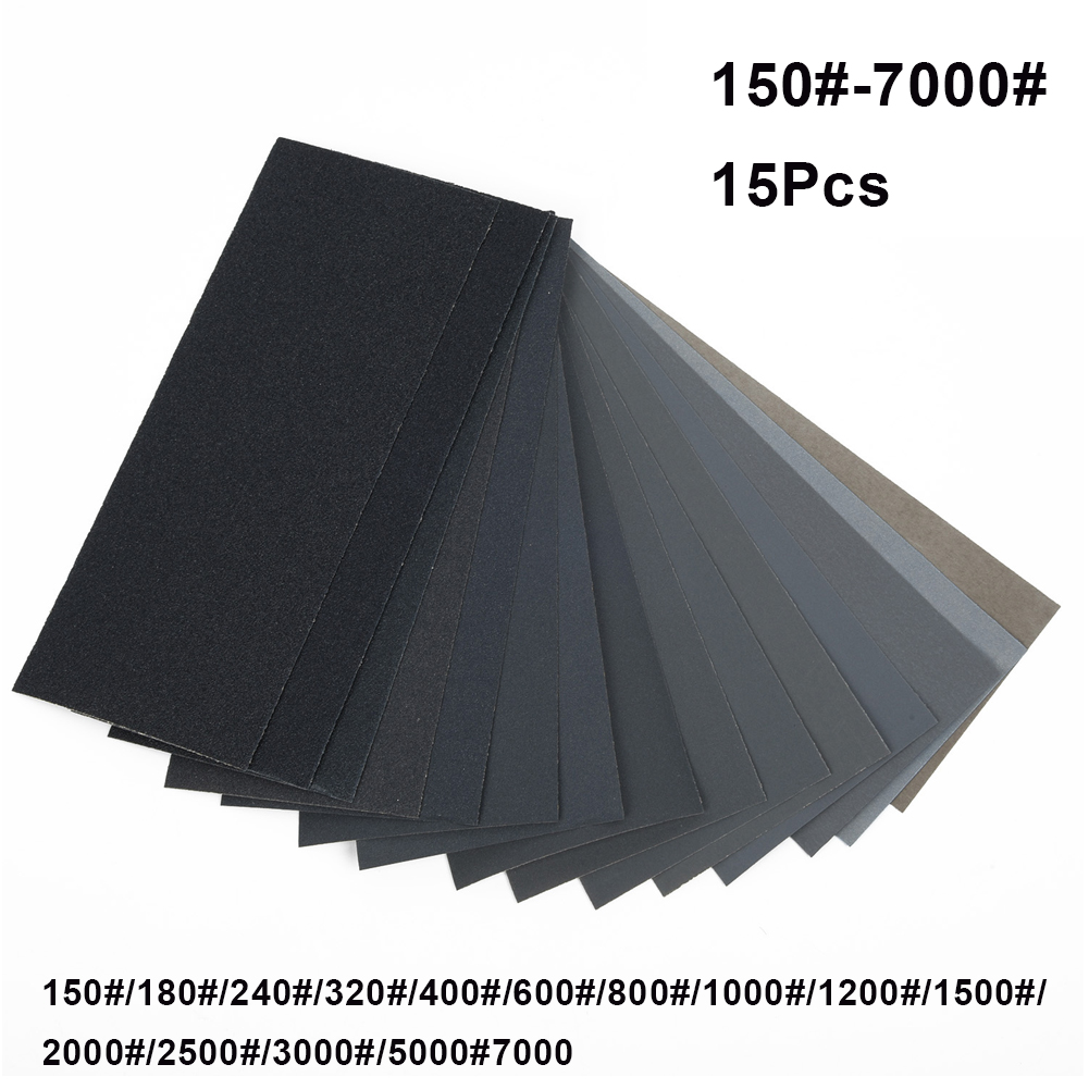 15 st sandpapper vått och torrt för användning blandade sandpappersark för hemmabruk grov kiselkarbid 150-7000- korns polering bil metall glas trä: Default Title