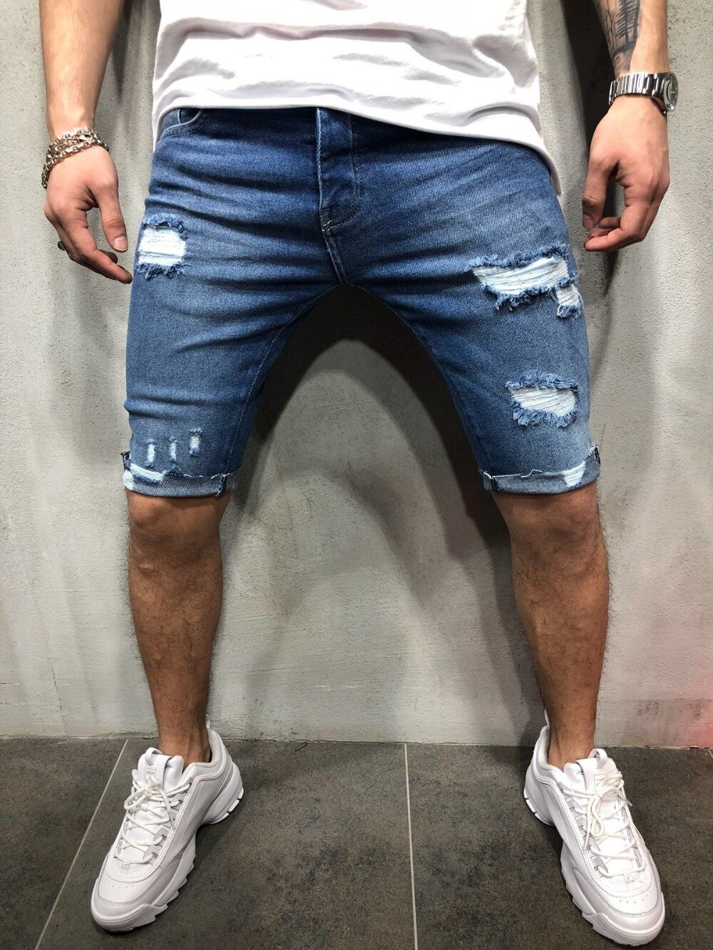 Mænds revet hul denim shorts skinny blyant korte jeans plus størrelse 3xl knæ længde bukser mand blå kausal slim fit shorts