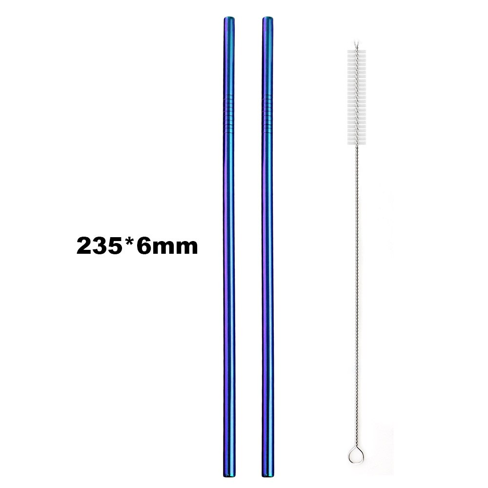 Pajilla de Metal reutilizable para beber, pajilla de Metal de acero inoxidable, paja colorida de arco iris de 16/19/21/23/26cm, diámetro de 6/8/12mm con 1 cepillo, 2 uds.: 235x6 Straight