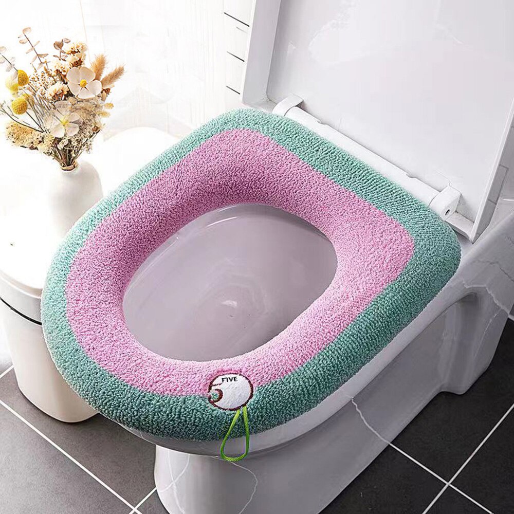 Cartoon Winter Warm Toilet Seat Cover Mat 1Pcs Washable Bathroom Accessories Knitting Pure Color Soft O-shape Pad Toilet Seat: E