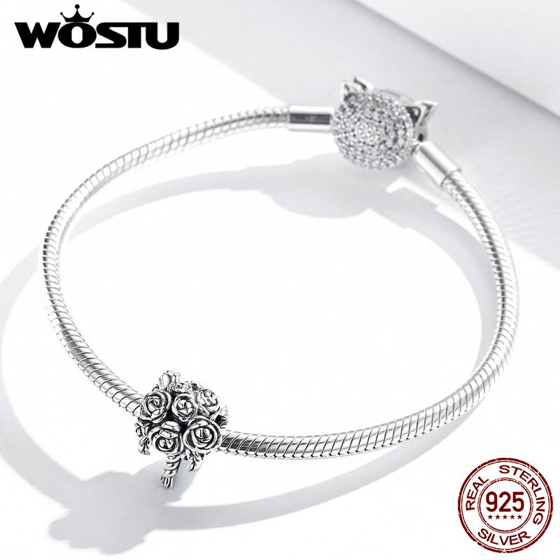WOSTU prawdziwe 925 srebro bukiet ślubny czar dopasowanie oryginalna bransoletka wisiorek szczęśliwe koraliki biżuteria ślubna FIC1566