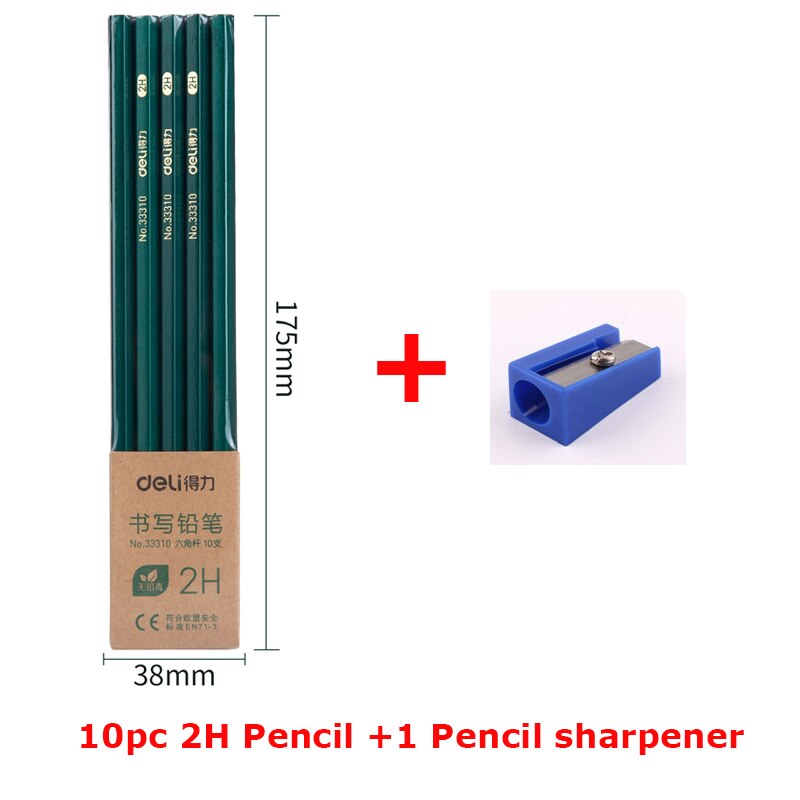 Deli 10pc/Lot Wooden Lead Pencil 2B/HB/2H Lapices Drawing Pencils School Student Pens Art Stationery Supplies with Sharpener: 2H with Sharpener