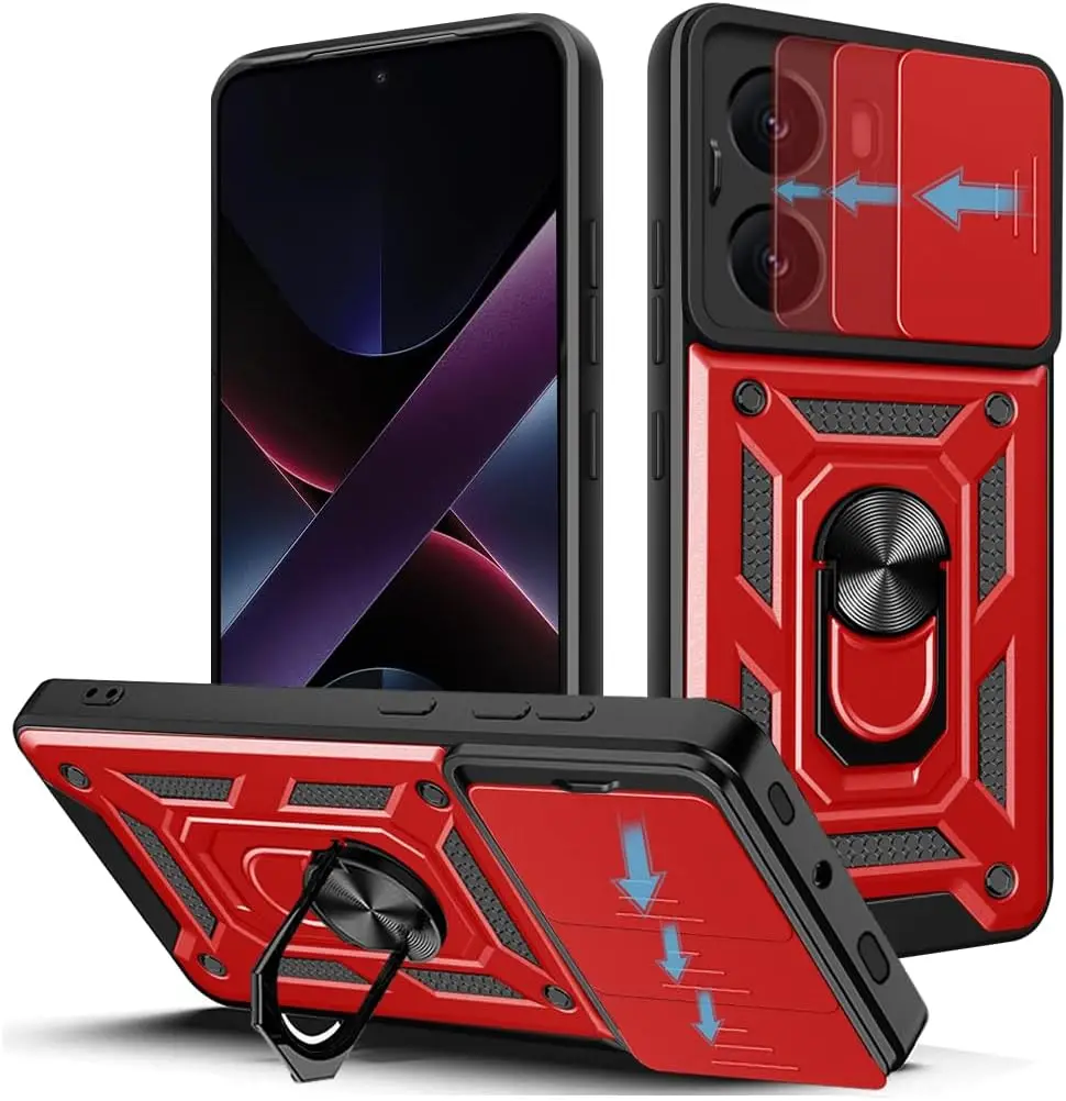 Pansercover til xiaomi poco  x7 pro 5g , linsebeskyttelse med ring, magnetisk holder, coque, skal, fundas: Rød