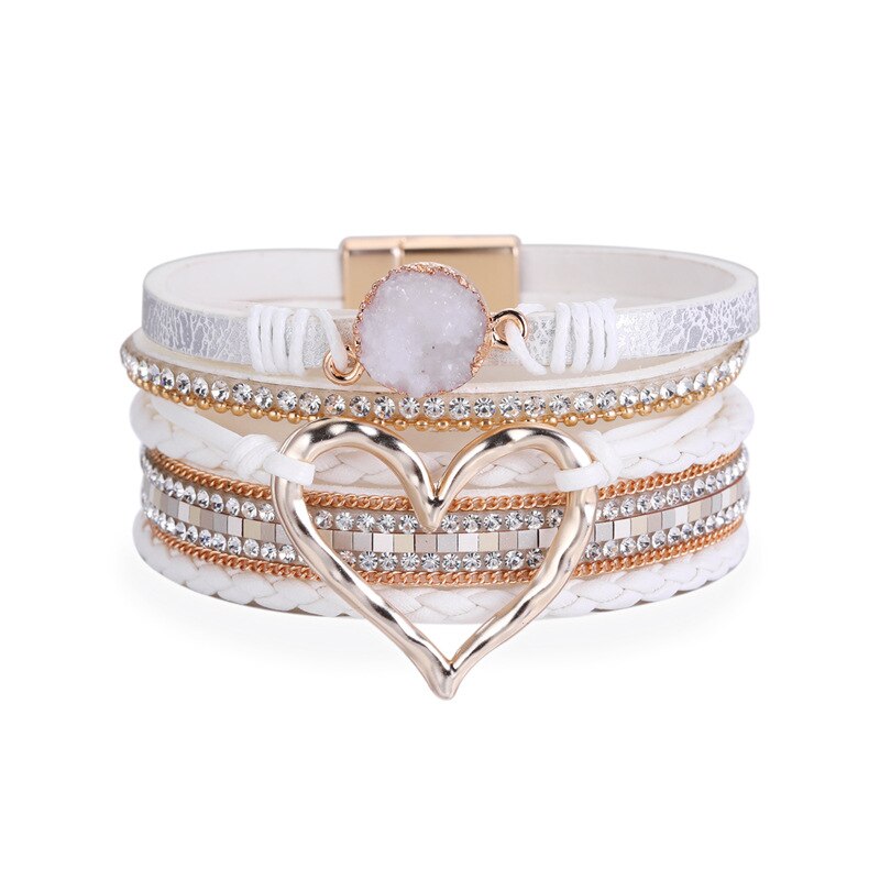 Amorcome-pulsera de cuero trenzado para mujer, brazalete con varias capas de piedras de resina, corazón hueco,: White