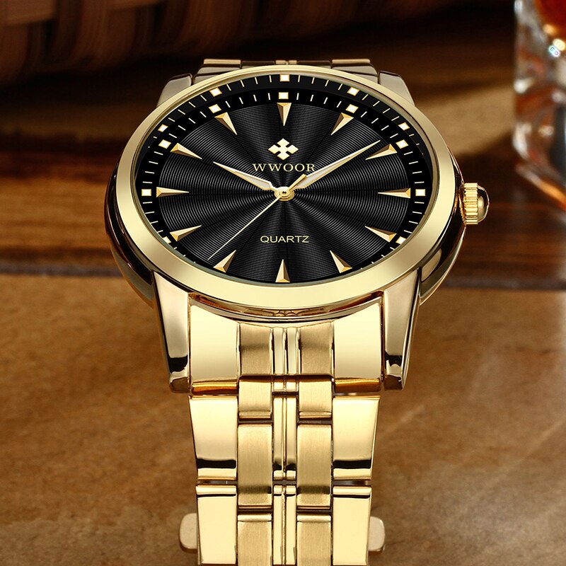WWOOR Top Brand Luxury Gold Watches For Men Stainless Steel Casual Business Quartz Mens Wrist Watch Waterproof Relogio Masculino