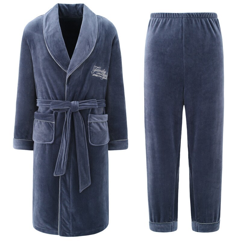 Twee Stukken Flanellen Nachtjapon Voor Mannen Herfst Winter Thicken Warm Nachtkleding Losse Volledige Mouw Gewaad En Lange Broek Badjas set: Xxl