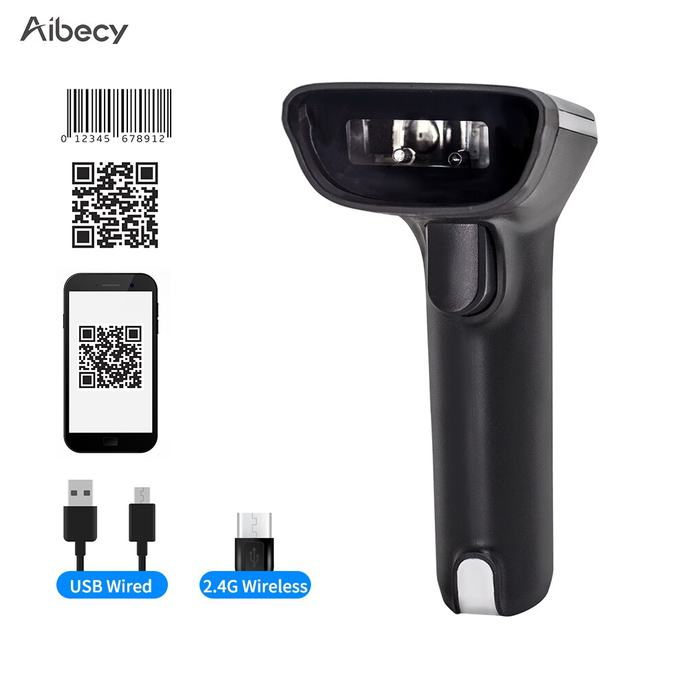 Aibecy Handheld 1D/2D/QR Barcode Scanner 2.4G Wireless BT USB Wired Bar Code Reader Support Two-Way Manual/Auto Scanning: 2.4G-1D-2D-QR