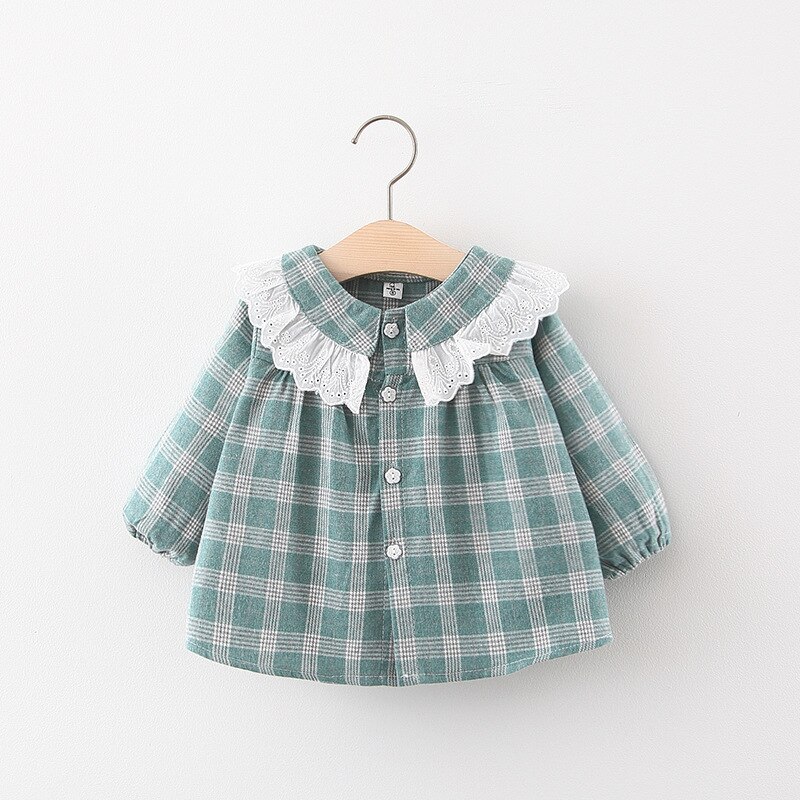 Roupa das crianças 2020 outono novas meninas do bebê casual camisa de manga comprida meninas rendas lapela xadrez camisa crianças outing roupas