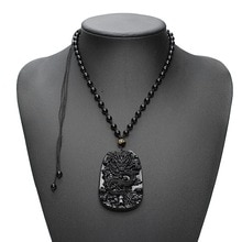 Unique Natural Obsidian Stone Carved Chinese Dragon Pendant With Beads Necklace Men Luck Jewelry Gemstone Fengshui Crafts