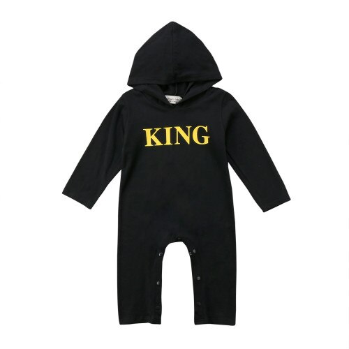 0-24M Pasgeboren Baby Jongen Romper Koning Brief Lange Mouwen Hooded Jumpsuit Trainingspak Outfits Babykleertjes: Long sleeve / 6m