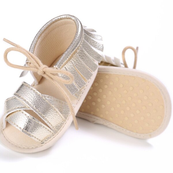 Merk zomer baby kwastjes sandalen zachte zool leren schoenen baby jongen meisje peuter effen kleur sandalen 0-18m: Goud / 2