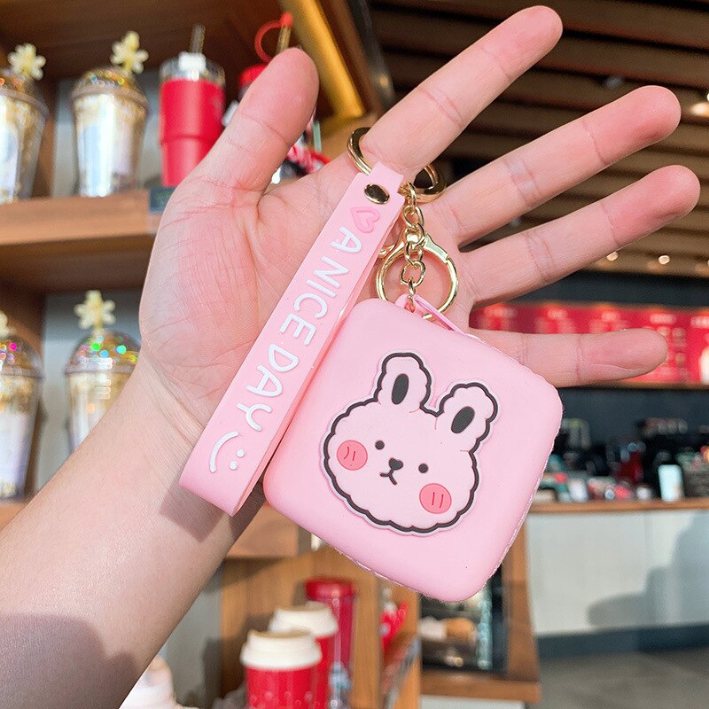 Heart-shaped Coin Purse Mini Silicone Animal Coin Purse Women Key Bag Coin Purse Kids Headset Bag Key Chain Ring: Pink bunny