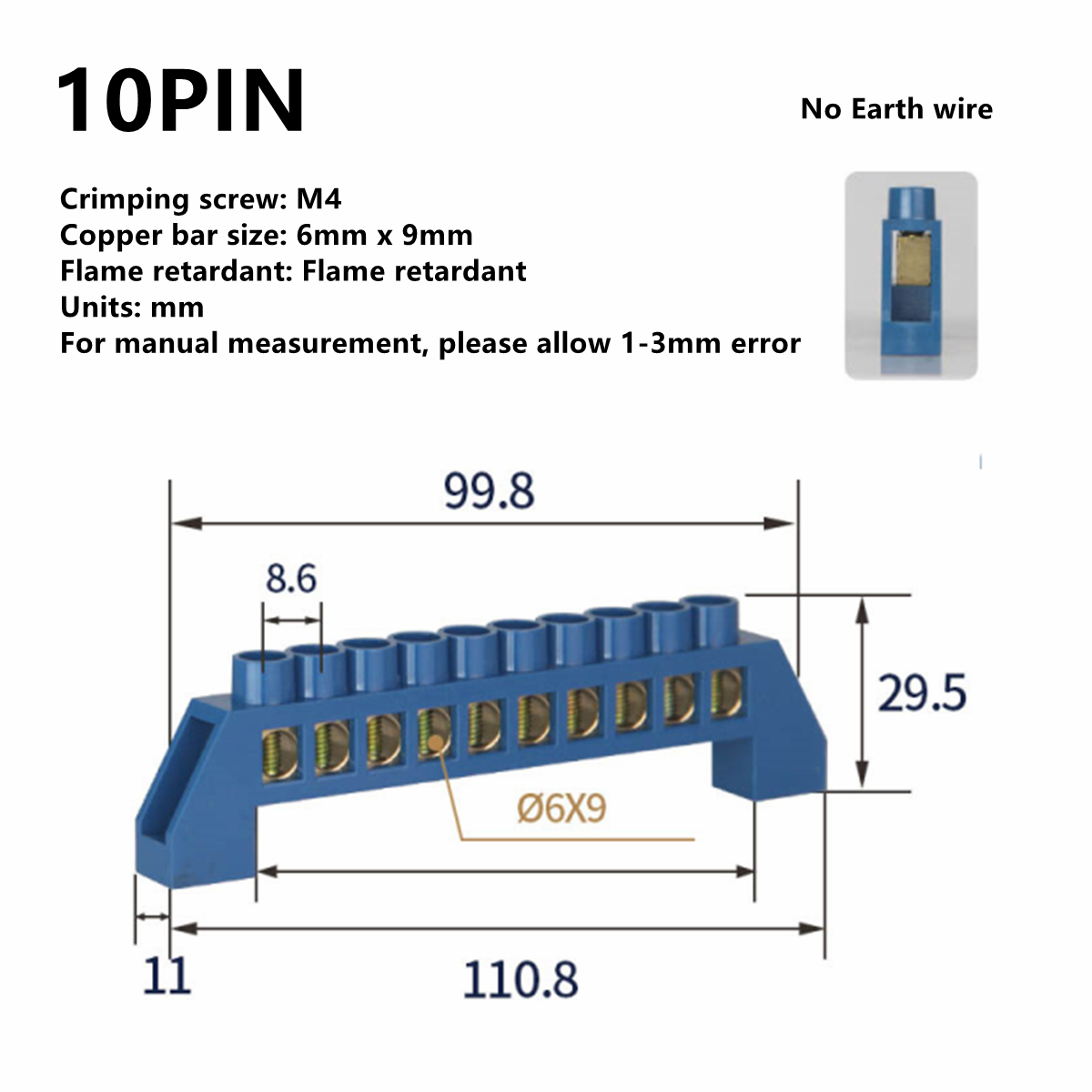 Blue White Green Zero Line 4Pin 6Pin 8Pin 10PiN 12PiN Brass Screw Grounding Bridge Terminal Block Connector Earth And Neutral: Blue 10 Pin
