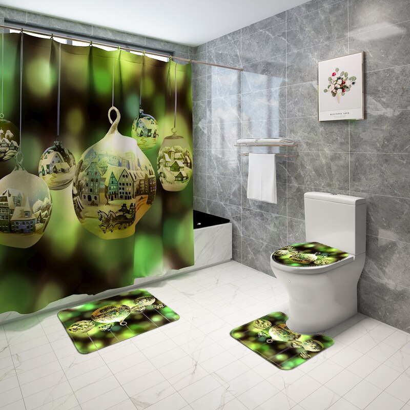 Kerst Badmat En Douchegordijn Set Gedrukt Badkamer Mat Set Anti Slip Badkamer Voet Mat Absorberende Badkamer Tapijt: 4pcs-105