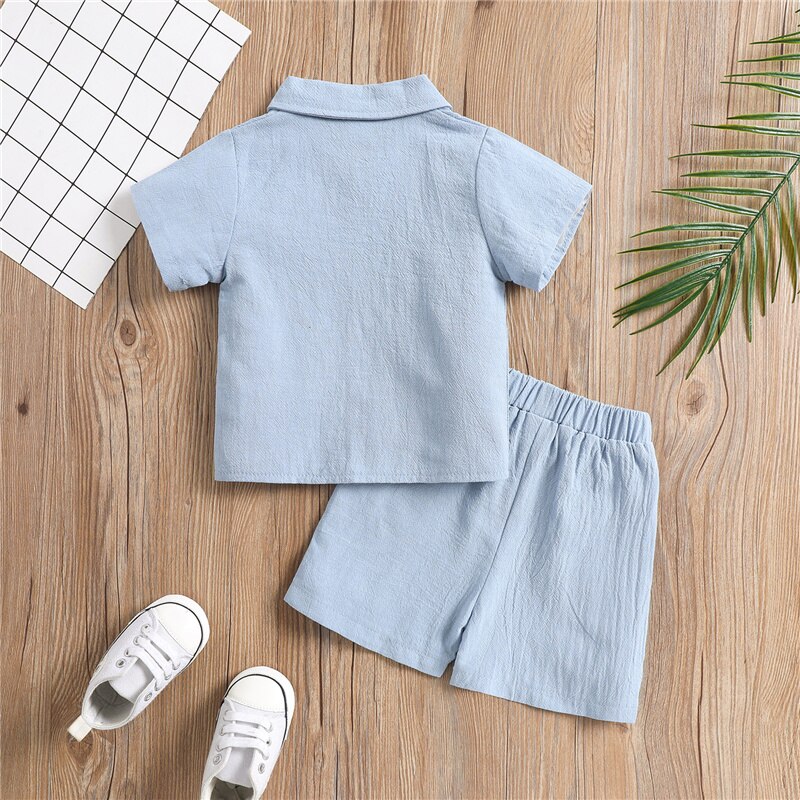Blotona 2Pcs Little Boys Outfit, Toddlers Summer Solid Color Lapel Short Sleeve Single-breasted Shirt Tops +Elastic Waist Shorts