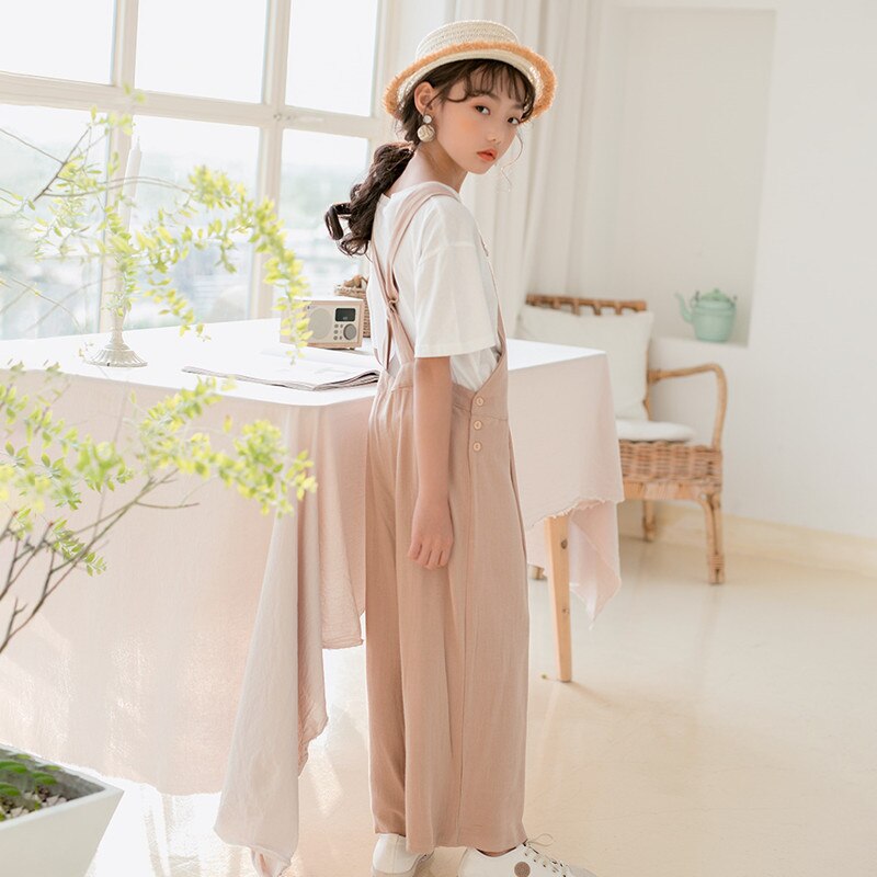 6 Tot 16 Jaar Kids & Tiener Meisjes Zomer Solid Cotton Casual Overall Jumpsuits Kinderen Meisje Mode Wijde Pijpen Overall broek