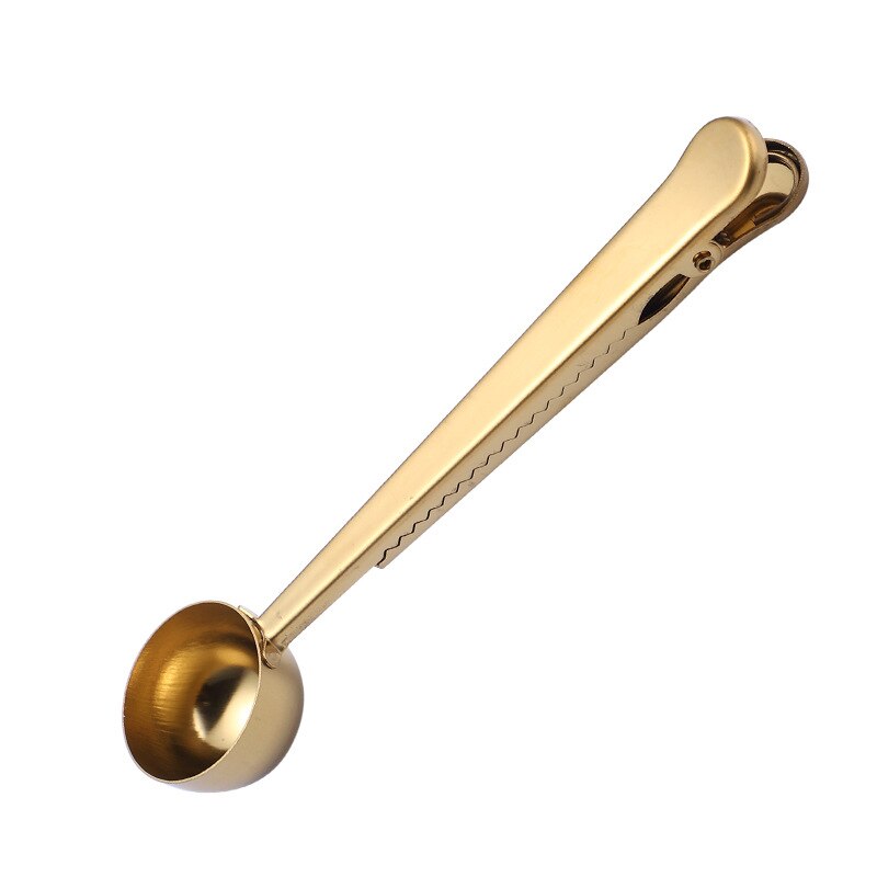 Cuchara de café con mango largo y Clip para cocina, suministro de leche en polvo, condimentos líquidos, cucharas medidoras de buen sellado: Oro