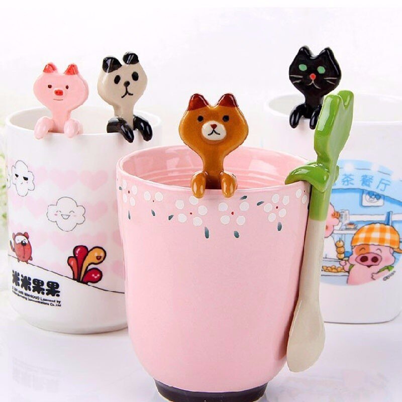 Kawaii Ceramic Coffee Tea Sauce Spoon Panda Bear Frog Cat Animal Shape Sauce Scoop Stirring Mixing Spoon coffee scoop with clip
