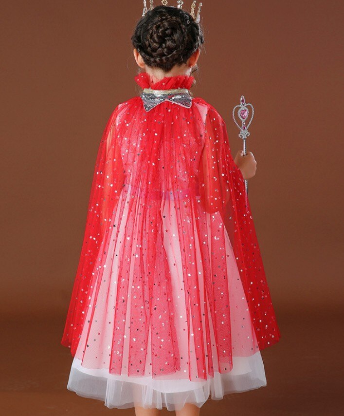 Girl’s Summer Gauze Double-Breasted Lace-Up Princess Cloak with Shinny Star Moon Patterns for Pantomime Play: Red / M